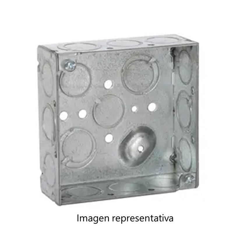 Caja cuadrada 4", soldada, 1-1/2" de profundidad, 10 KO de 1/2" y 6 KO técnicos